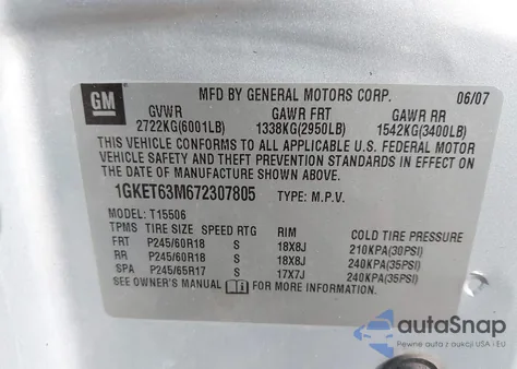 2007 GMC Envoy Denali z USA, uszkodzony, nr VIN 1GKET63M672307805